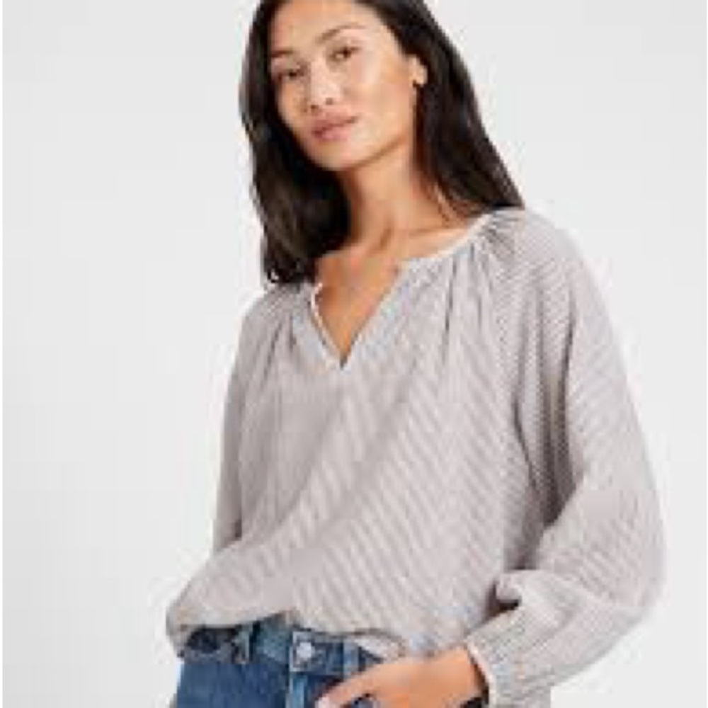 Banana Republic Cream and Navy Pinstripe Long-Sleeve Blouse - Picture 10 of 10